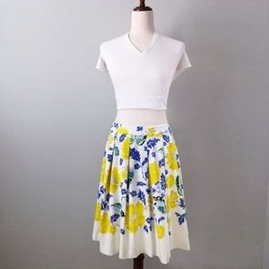 Talbots A-line Pleated Skirt, Yellow & Blue Floral, Size 10 Petite